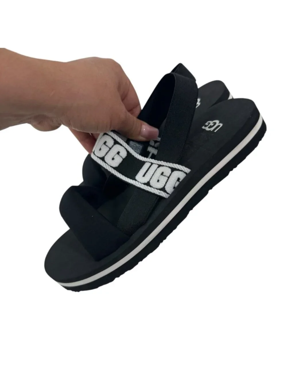 UGG Girls Zuma Sling Sport Sandals Black/White SZ 3 Lightweight Elastic Straps